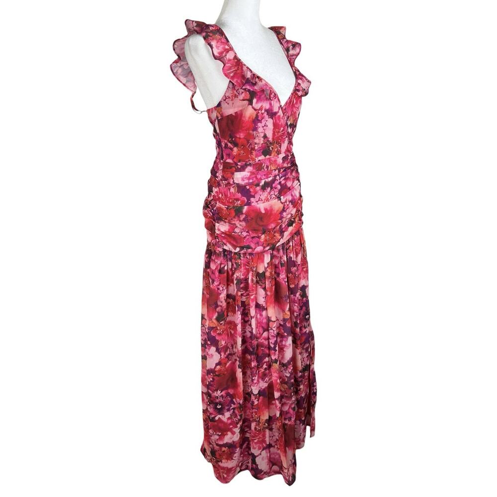 Showpo Jilliane Maxi Dress Ruched Thigh Slit Fuschia Frenzy Coquette Size 4 NWOT - Picture 3 of 9